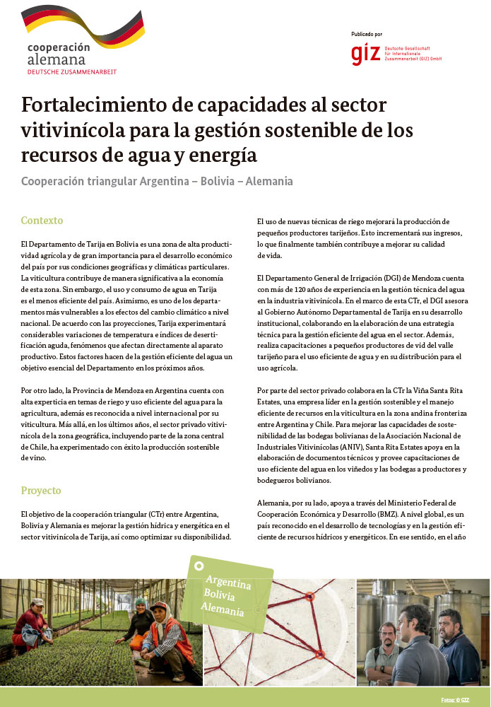 Cooperación Triangular Argentina, Bolivia y Alemania: Fortalecimiento de capacidades del sector vitivinícola para la gestión sostenible de los recursos de agua y energía